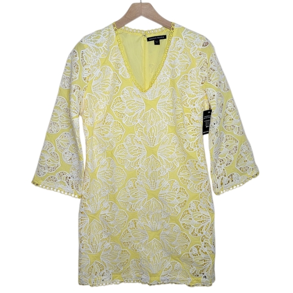 NWT Boston Proper Yellow White Lace 3/4 Sleeve V-Neck Dress Scallop Edge Size 12 - Picture 1 of 9